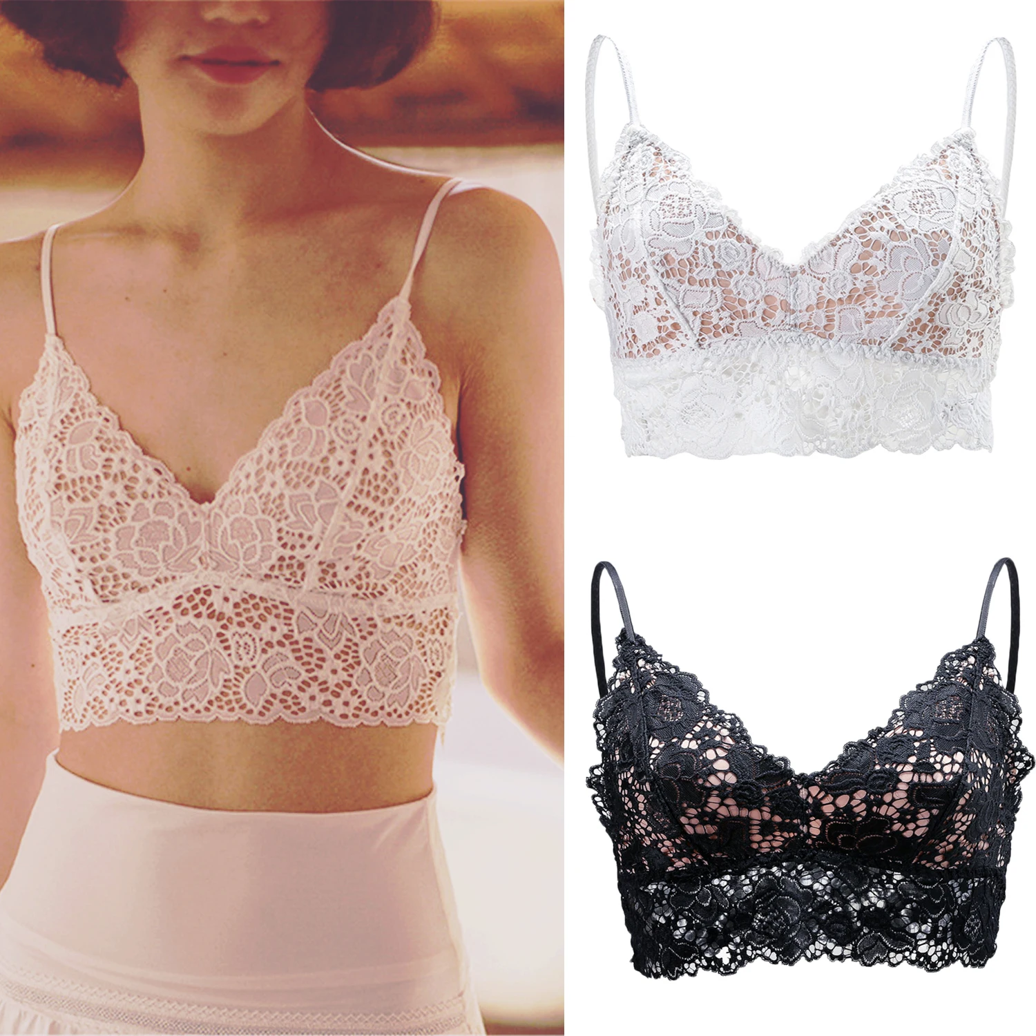 

Summer French Women Crop Tops Sexy V-Neck Mesh Lace Vest Beach Tank Camisole Padded Bra Chest Wrap Bustier No Rims Underwear