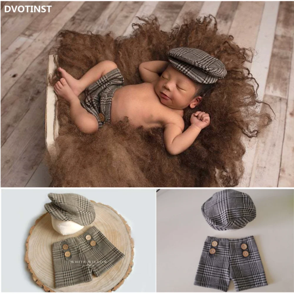 Dvotinst Newborn Photography Props for Baby Cute Soft Gentleman Outfits Sets Shorts Hat 2pcs Fotografia Studio Shoot Photo Props