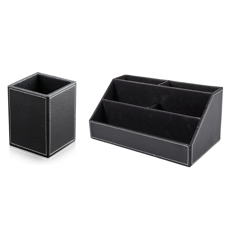 

2 Pcs PU Leather Pens Pencils Holder Desk Organizer Office Desk Container Box, 8.7X8.7X12cm & 24X13.5X12 Cm