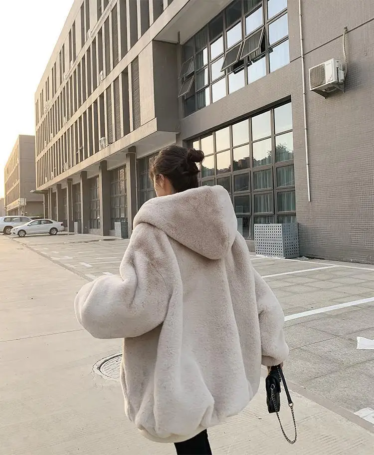 women jacket 2022 ins hot sale Plush jacket women winter imitation Rex rabbit fur grass mid-length large size loose thick hooded