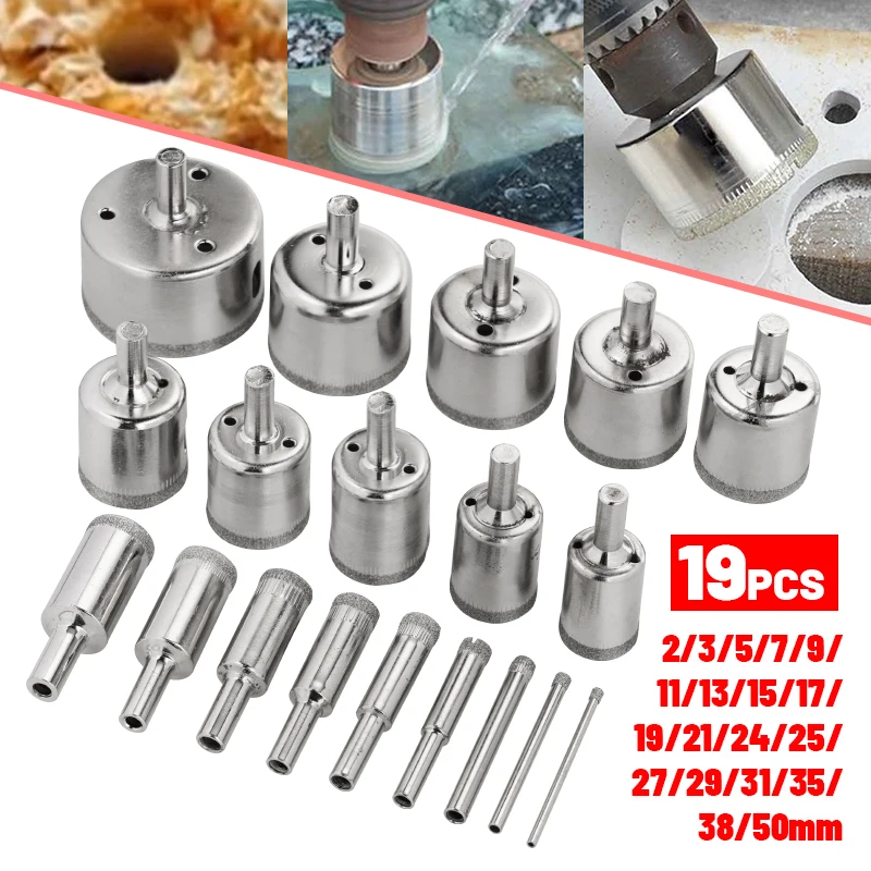 

19Pcs 2-50mm Marble Opener Drill Bit Metal Plate Glass Hole Cutter Tile Diamond Hole Saw Drill Cement Stone Cutting Hand Tool