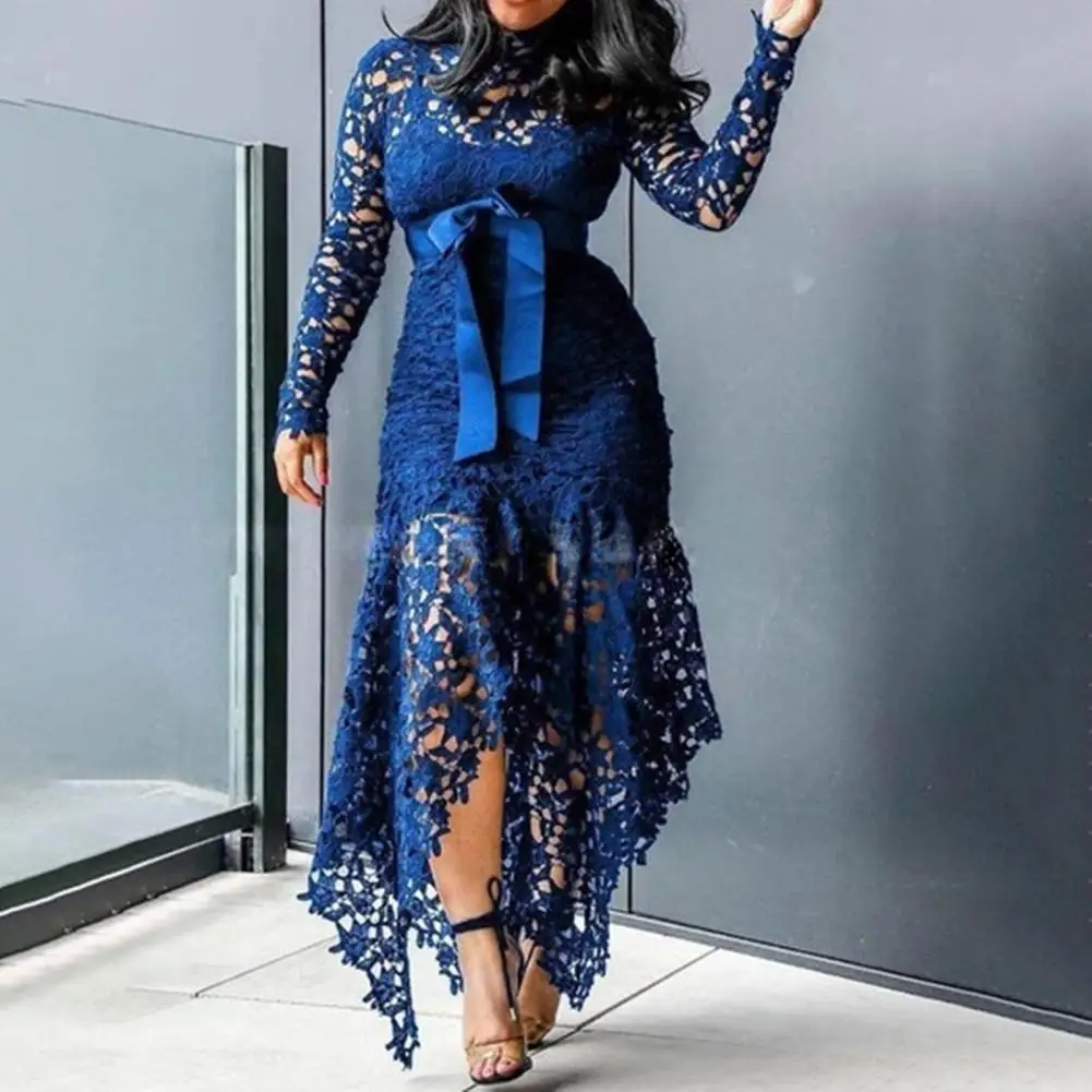 

Elegant Lace Evening Party Dress Women V-neck 3/4 Sleeve Sashes Dress Ladies Vintage Big Swing Midi Dress Hem Dress Dropshipping
