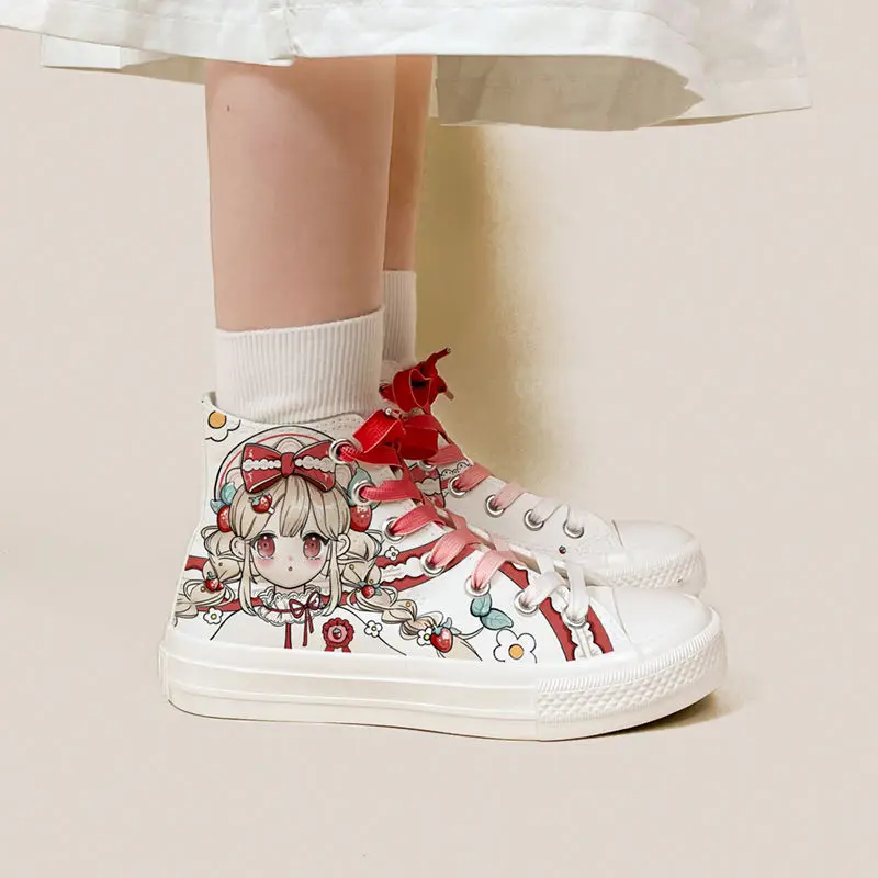 Cartoon Strawberry Girl Canvas Sneakers Women's Laced Up High Tops School Student Vulcanized Shoes Woman Printed Sneaker Tenis