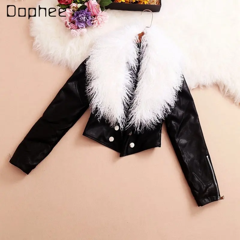 Big Fur Collar Short Leather Jacket for Women Autumn Winter Cotton-Padded Coat Lamb Wool High Waist Short PU Leather Coat Ladies