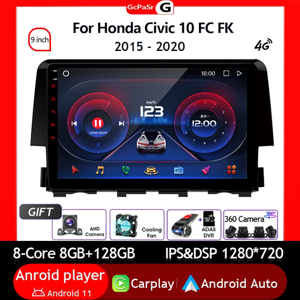 

Автомобильное мультимедийное радио, видеоплеер для Honda Civic 10 FC FK 2015 - 2020 Android 12, навигация, сенсорный экран, Авторадио, аудио
