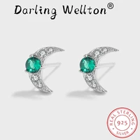 new fashion emerald moon full diamond stud earrings for women green original sterling s925 silver valentines day gift jewelry
