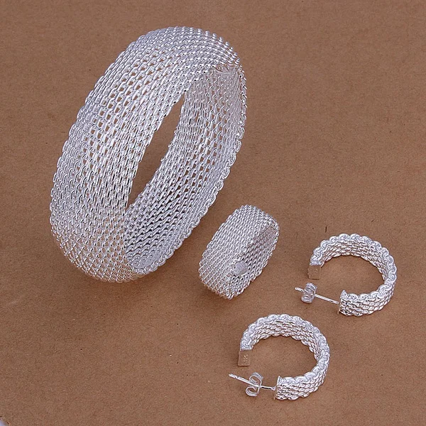 

Hot Christmas gift retro closed woven mesh bracelets ring Stud Earrings fashion Silver color jewelry Set