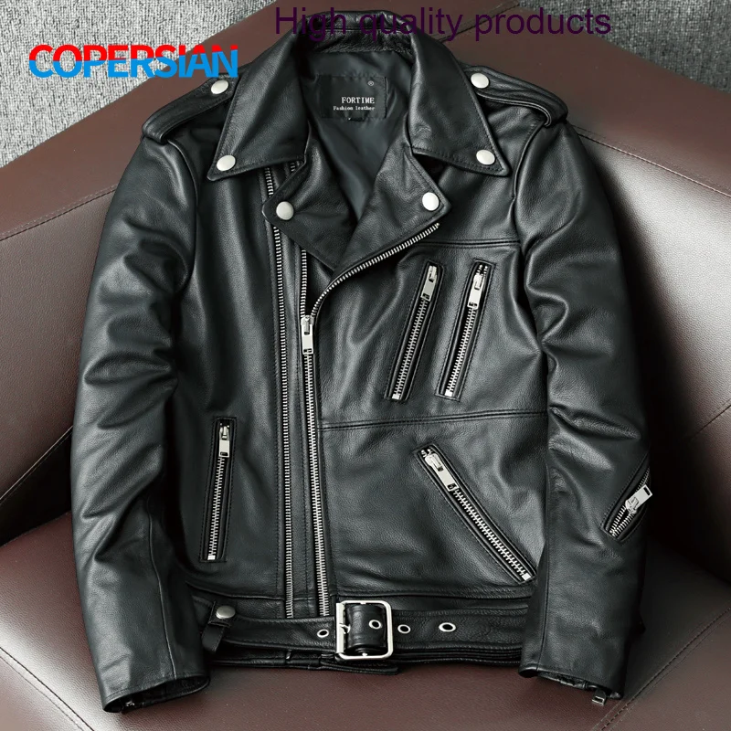 

New 2023 Genuine Cow Leather Jacket Men Autumn Winter Male Coats Diagonal zipper and Multi Pocket slim Motorcycle Clothing