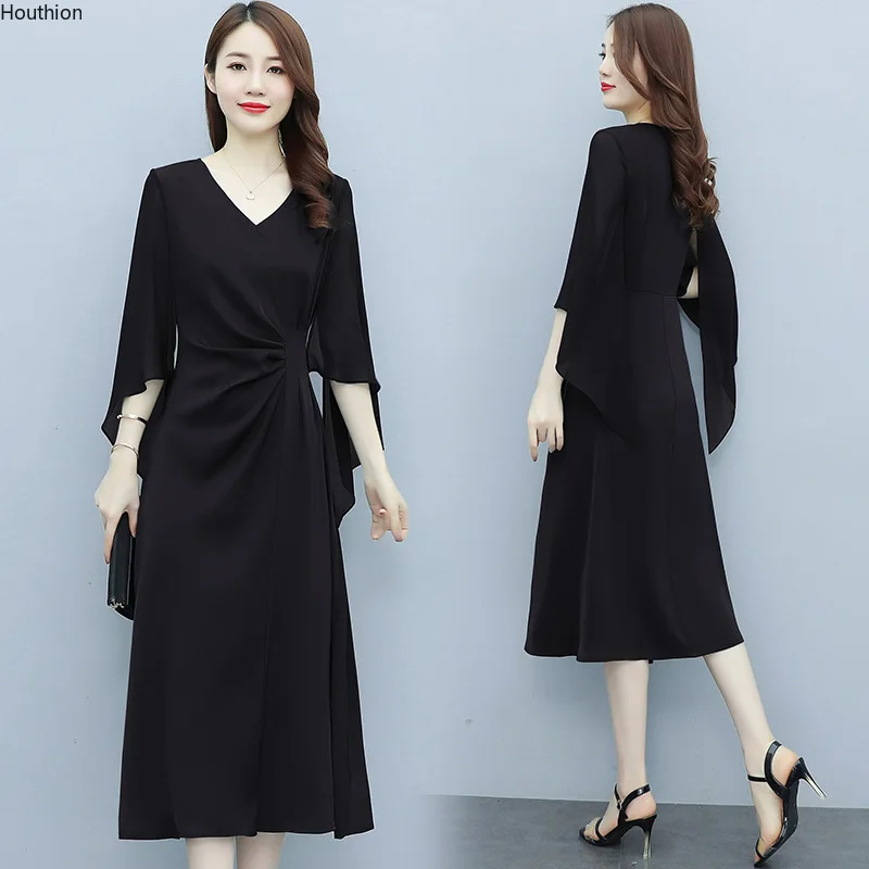 

Satin Loose Women's Dresses New Fashion Solid Mid V-neck Summer Five-point Sleeve Houthion