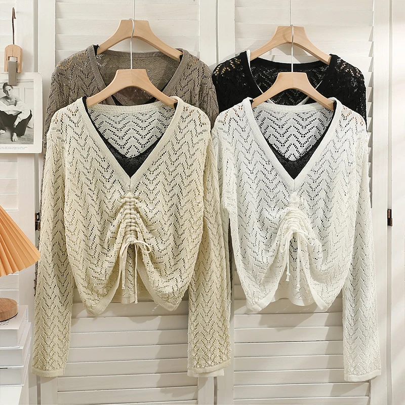 

Новинка 2023, женская блузка из двух частей, однотонная с V-образным вырезом и длинным рукавом, с кулиской, с вырезами, тонкие женские повседневные вязаные топы