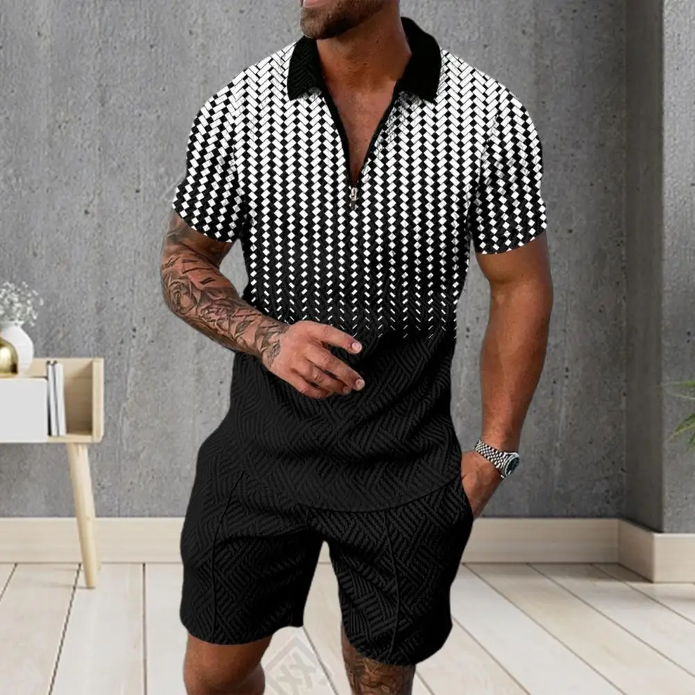Fashion Handsome Short Pants Elastic Waist Print Men Tops Shorts Set Zip Up Men Tops Shorts Set Male Clothing