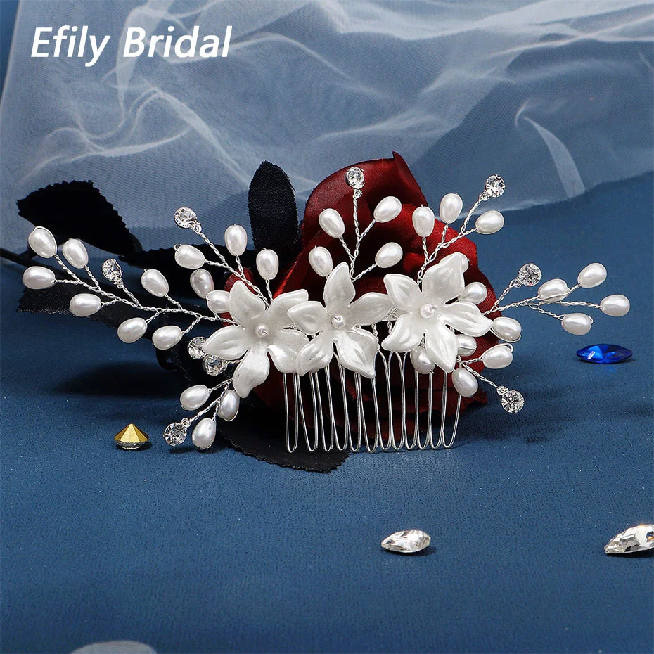 

Efily Silver Color Flower Pearl Bridal Hair Comb Handmade Rhinestone Wedding Hair Accessories Bride Headpiece Bridesmaid Jewelry