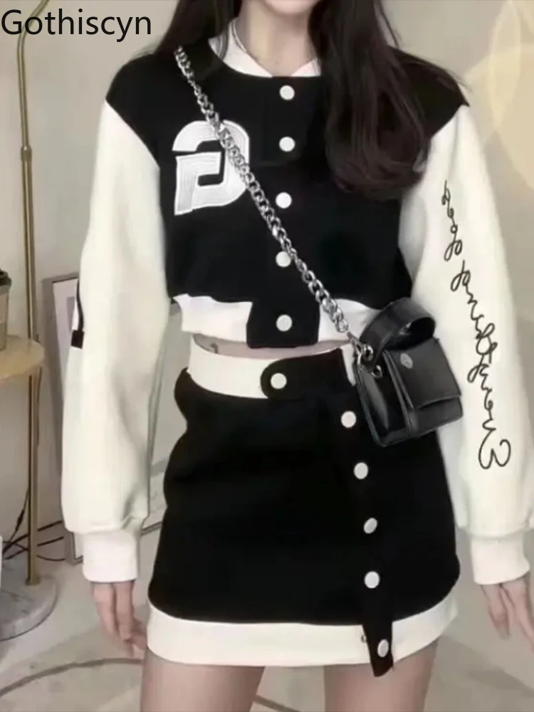 

Gothiscyn Women Suit Crop Baseball Jacket + Skirt 2 Pieces Set Black High Street Spring 2022 New Gothic Punk Preppy Female Suits