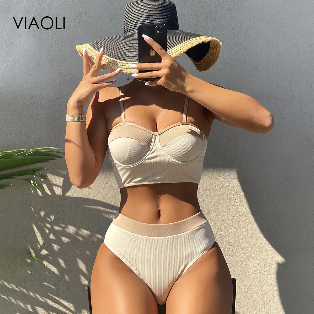 

Fashion Bikini Stitching Swimsuit Color-blocking Women's Underwire Swimwear Gather High Waist Ladies Holiday Beach Swimming Suit