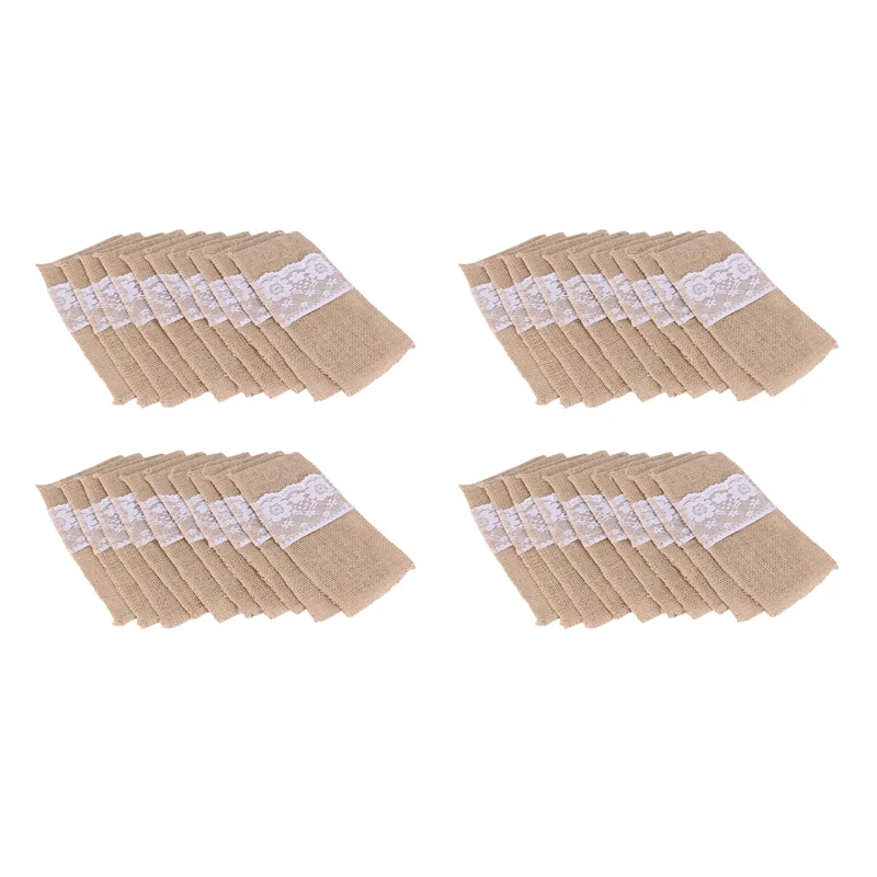 

200 Pcs Natural Jute Cutlery Knives And Forks Cutlery Set Silverware Bag Holder Burlap & Lace Party Wedding Decor