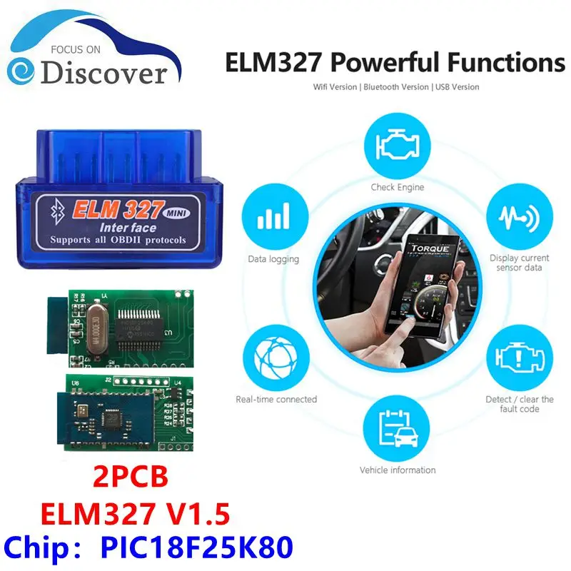 Высококачественное оборудование V1.5 PIC18F25K80 чип ELM327 BT 1,5 работает Android Windows диагностический инструмент 2PCB