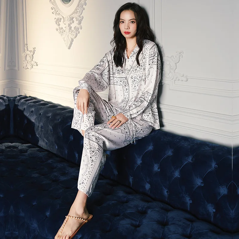 New women's pajamas long-sleeved women's ice silk satin home wear thin suit  women pajamas
