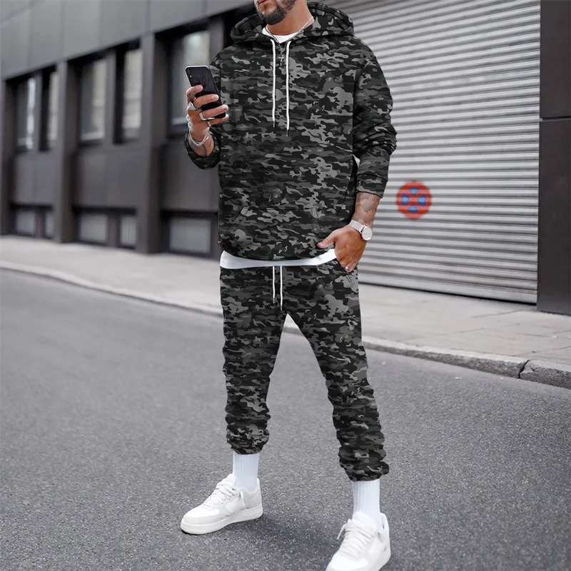 Autumn Winter Outfit Men Tracksuit Hoodie Sets Camouflage Clothing Tactical Sweatshirts Pants 2Piece Oversized Hooded Sport Suit
