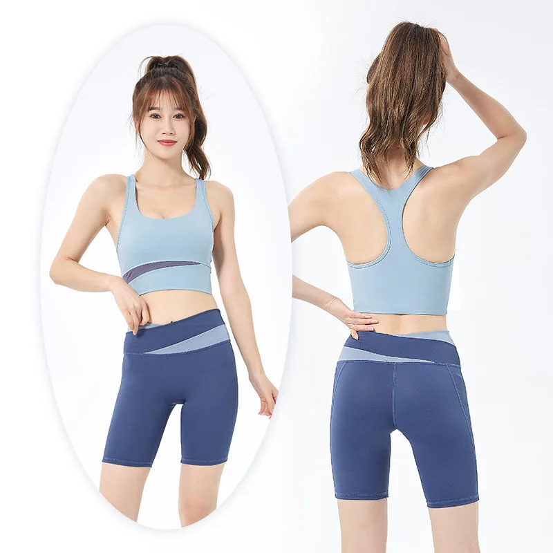 

Lulu New Fitness Sports Bra Shorts Set Women's Thread Splicing Yoga Clothes Wholesale Set Summer