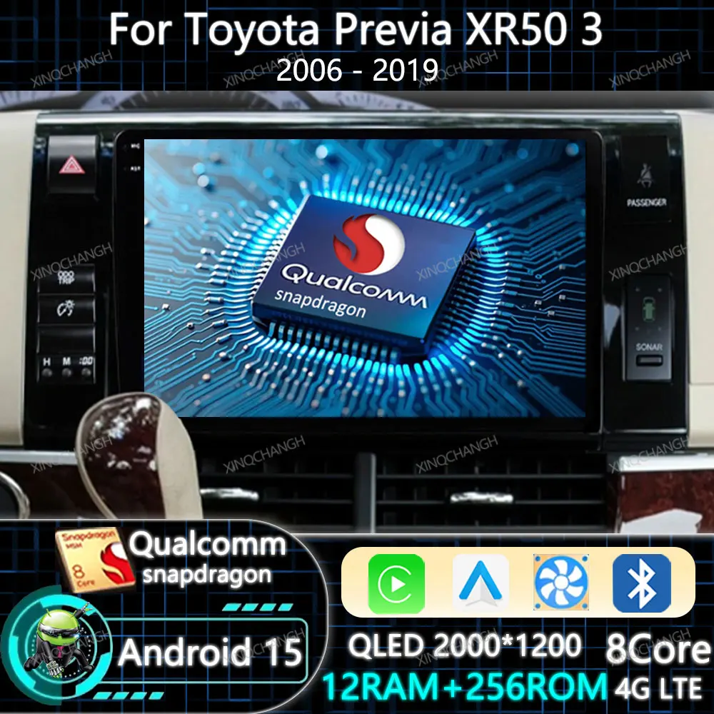 Фото Автомагнитола Android 15 с Carplay и Auto для Toyota Previa XR50 3 III Estima 2006-2019, GPS, 2DIN, Bluetooth, навигация, QLED, Qualcomm, 4G, Wi-Fi №1