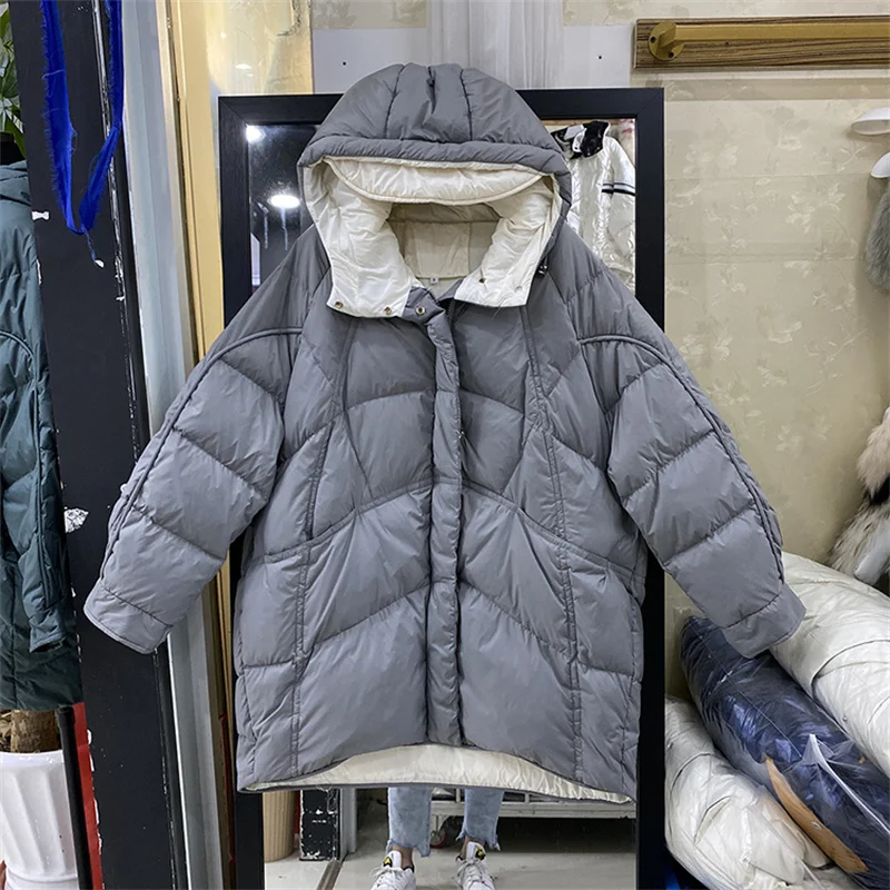 

2023 Mid-Length Women Down Jacket Winter Warm Snowwear Korean Vintage Hooded Parkas Loose White Duck Down Coat Grey Black Beige