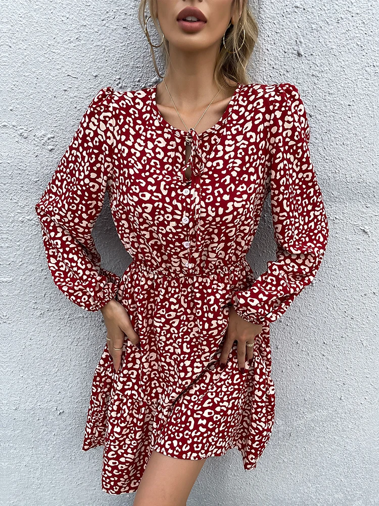 

JIM & NORA Summer Dresses For Women 2023 Floral Print Dress Sweet Red Long Sleeve Slim A-line Party Vestidos Waist Robe Femme