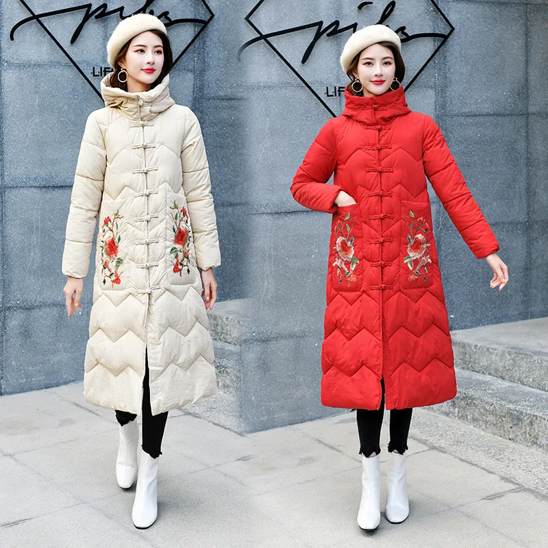 KoHuiJoo  Chinese Style Cotton Padded Jacket Women Long Woman Parkas Winter Vintage Embroidery Ethnic Down Cotton Coat Warm