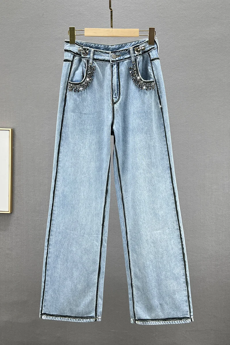 Diamond Jeans Women's Fashion High Waist Loose Wide-Leg Trousers for Spring and Summer Jean 2022 New Office Lady Denim Trouser