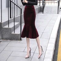 autumn vintage velvet black maxi long mermaid skirt 2022 fashion women elegant velour skirts with belt