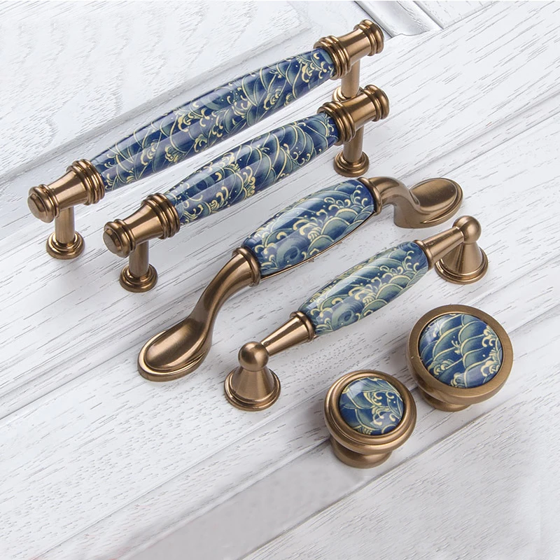 

Blue Leaf hand painted ceramichandle and knobs Cupboard cabinet Knob drawer Dresser handles Closet pulls