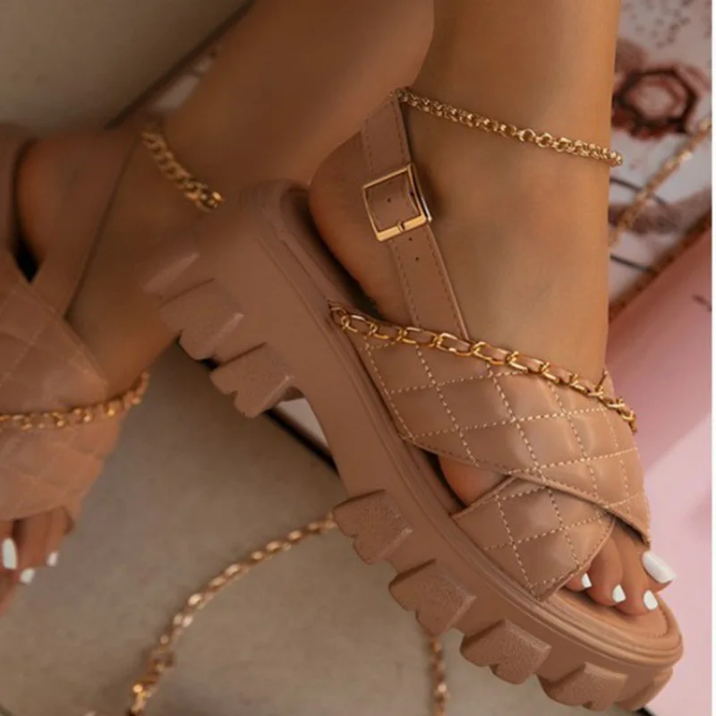 2022 platform sandals for women summer open toe hot sale shoes chunky heel comfy casual metal chain design buckle strap brand free global shipping