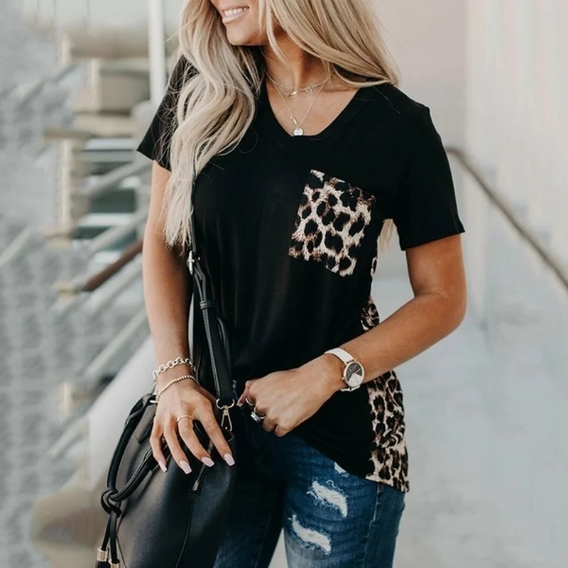 

2022 Summer T-shirt Women Short Sleeve Leopard Print O-neck Loose Tees Top Casual Clothes Women Leopard Print Back Top