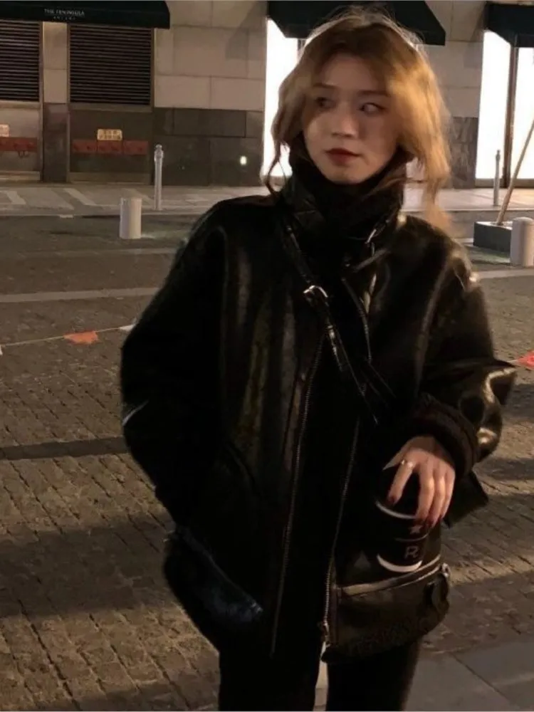Women Faux Leather Fur Coats Sheep Leather Shearling Thicken Jacket Lady Fashion Long Sleeve Zipped Outerwear Winter Warm Coat