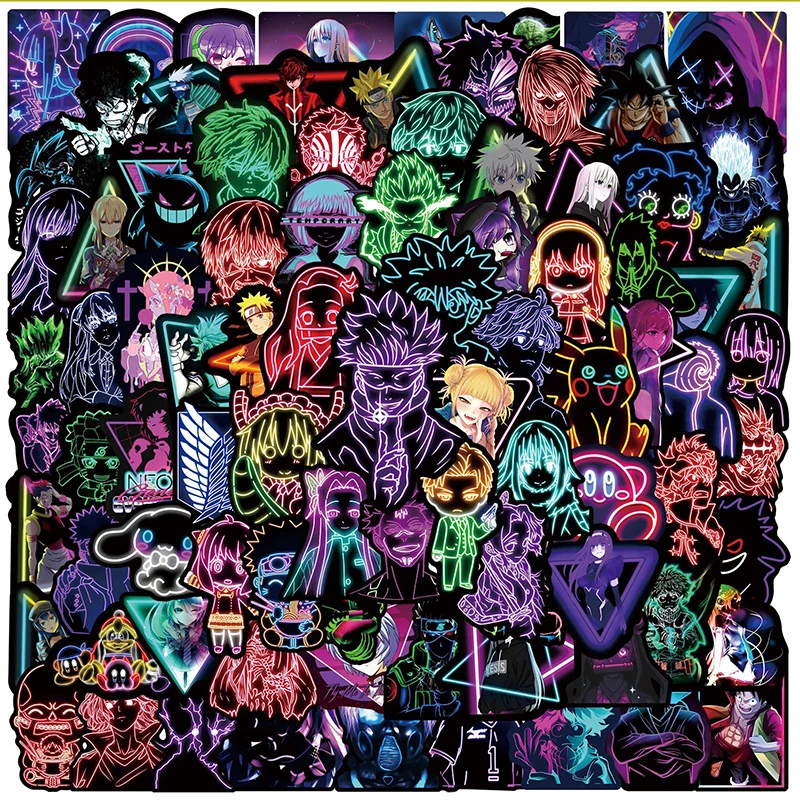 

10/50/100PCS Cartoon Anime Figure Neon Light Stickers Demon Slayer Jujutsu Kaisen Graffiti Decals Guitar Luggage Phone Sticker
