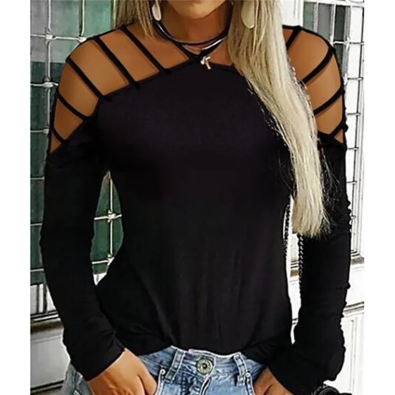 2022 Fashion Autumn Womens T-Shirts Tops Casual Choker Neck Solid Color Tops T-Shirts Loose Cold Shoulder Long Sleeve T-Shirts