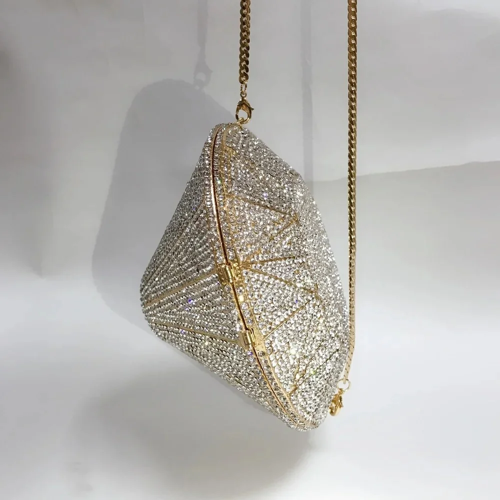 

female Diamond shape Dazzling Silver Clutch Purse Women Crystal Bags Evening Wedding Party Handbag Bridal Metal Minaudiere