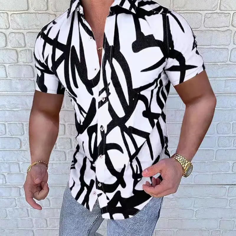 Mens Clothing Luxury Social Shirt Male Casual Fashion Shirts Letter Printed Chemise Streetwear Cardigan Short Sleeve Dress Shirt