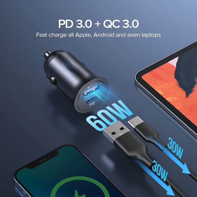 5A USB Car Charger PD 60W Type C Fast Charging Phone Charger For iPhone 13 12 11 Pro Max 8 P40 Redmi