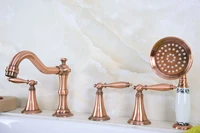 antique red copper brass three levers handles deck mounted 5 holes bathroom tub faucet mixer tap with handshower mtf220