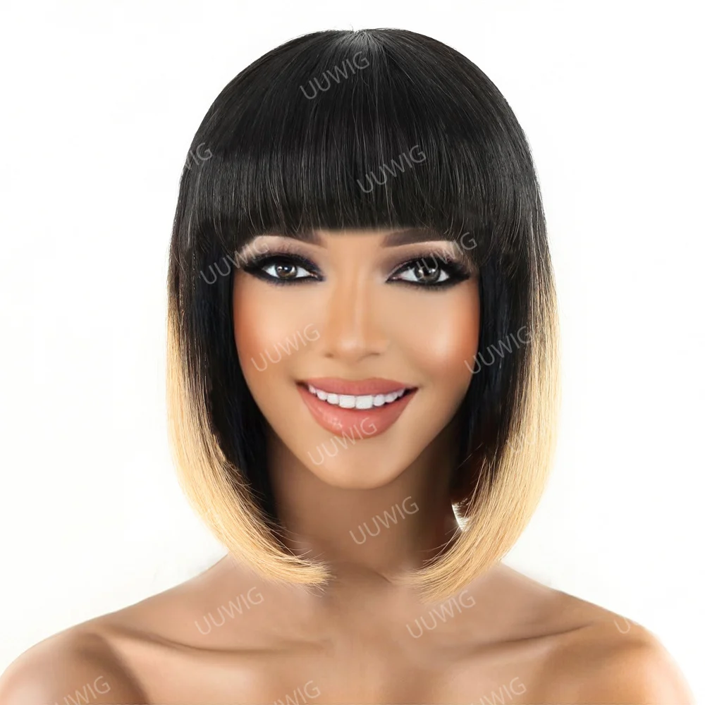 

UU Wig Short Pixie Bob Cut Human Hair Wigs With Bang Honey Blonde Ombre Color Straight Highlight Human Hair Wigs for Black Women
