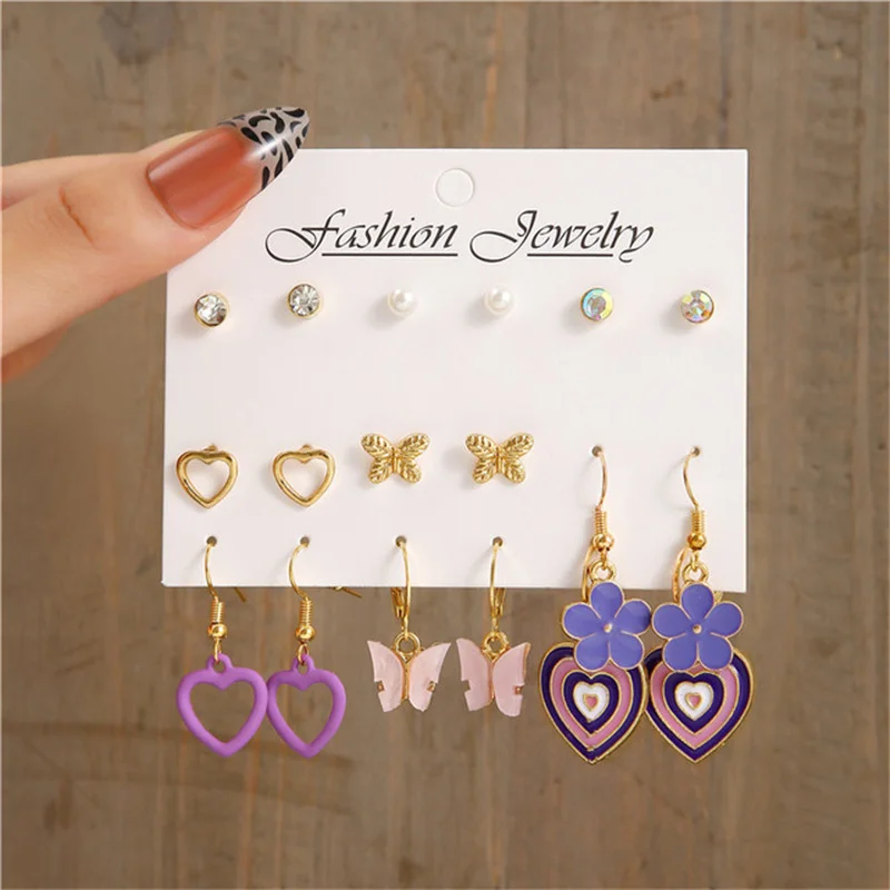 Набор серег-подвесок для женщин и девушек Разноцветные серьги в форме сердца