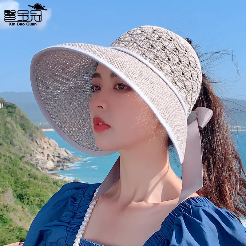 

New Folding Straw Hat Foldable Empty Top Bow Knot Large Eaves Sun Hat Outdoor Beach Sun Protection UV-proof Kids Maternity Cap