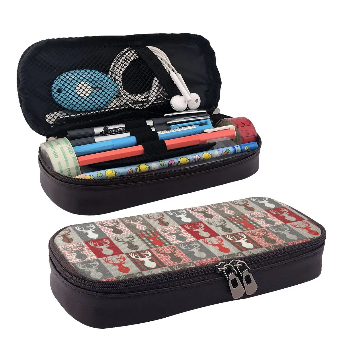 

Christmas Deer Elk Plaid Leather Pencil Case Zipper Pencil Box Stationery Pen Pouch for Boys Girls School Students Work Office