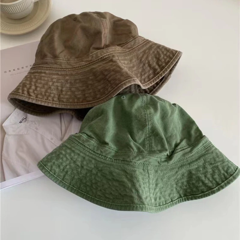 

American Retro Washed Bucket Hat Men Women Casual Army Green Tooling Basin Hat Summer Sun Big Brim Sun Hat
