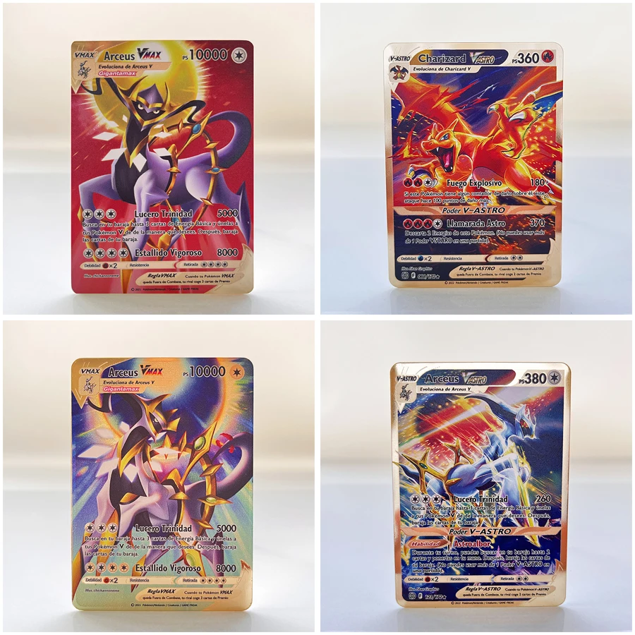

Золотые металлические карты Arceus Anime Español Pokemon Card испанский Charizard Pikachu Vstar VMAX GX Lucario Mewtwo