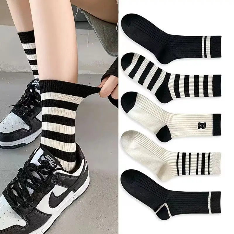 10 Pairs Women Cotton Socks Middle Tube Autumn Winter Fashion Basketball Football Striped Comfortable Breathable Socks