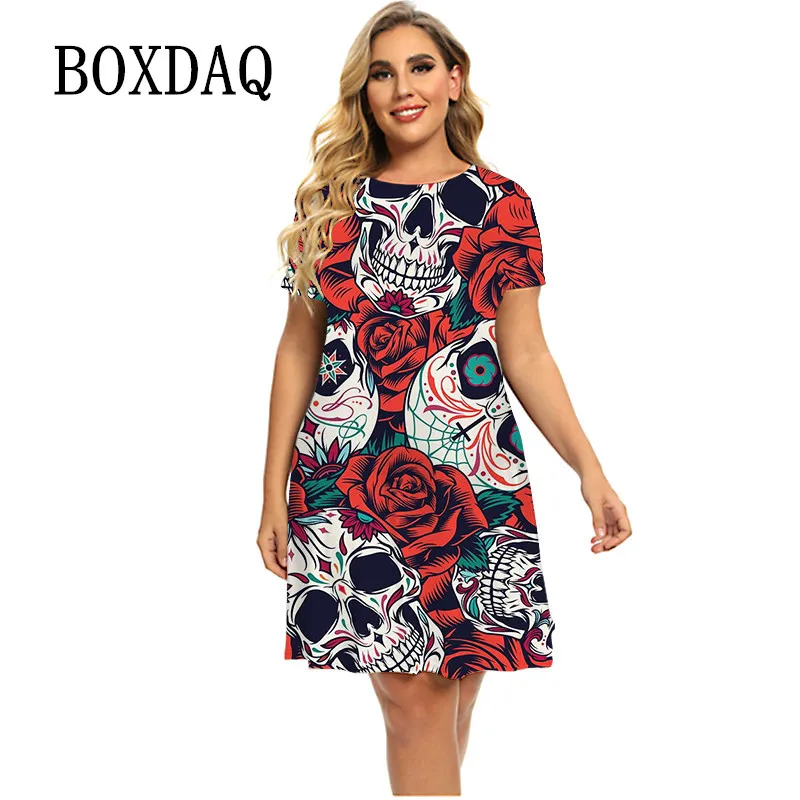 Rose Floral Printed Dresses Woman Skull Casual Party Dresses Fashion Short Sleeve Loose Summer Plus Size Women Clothing 5XL 6XL