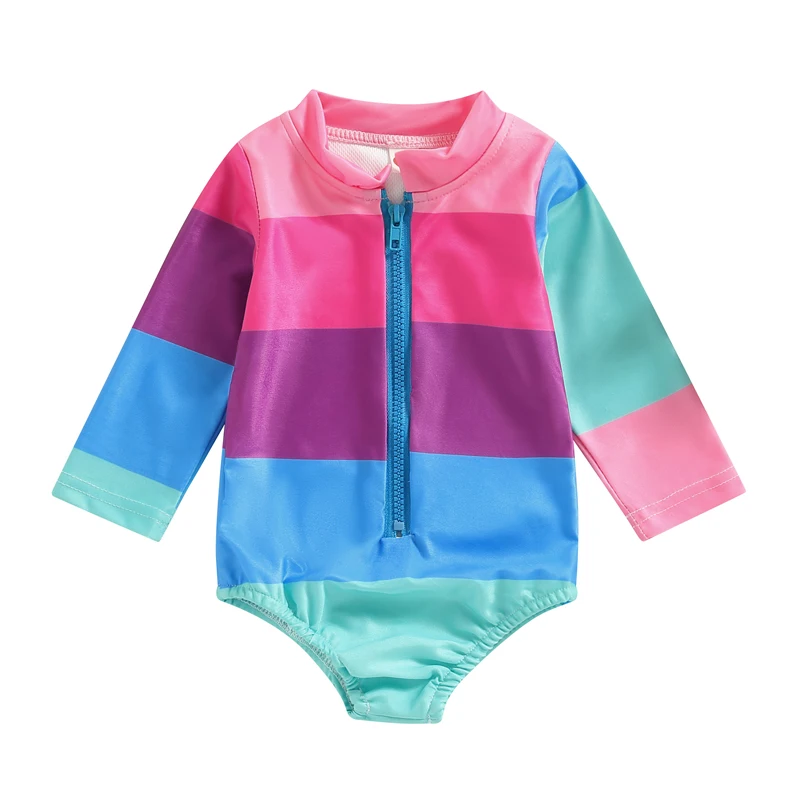 

Kid Girls Romper Swimsuit, Long Sleeve Round Neck Zipper Summer Beach Swimwear Bodysuit
