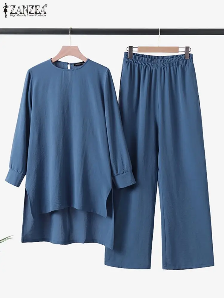 ZANZEA Fashion Vintage Muslim Suit 2PCS O-Neck Solid Blouse Loose Pant Female Urban Tracksuit Causal Turkish Islamic Clothing