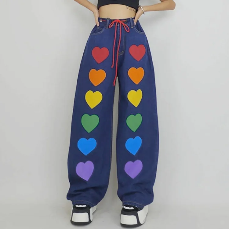 

Japanese Sweet Rainbow Heart Print Pants Women Summer Slim Waist Lace Up Denim Pants Y2k Grunge Straight Wide Leg Trousers